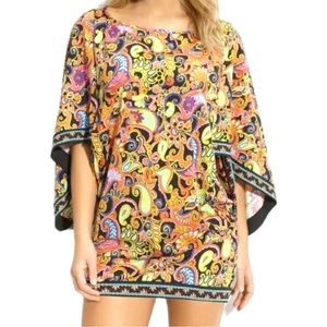 Trina Turk botanical paisley Tunic Top Coverup Multi Kimono Sleeve Resort sz L